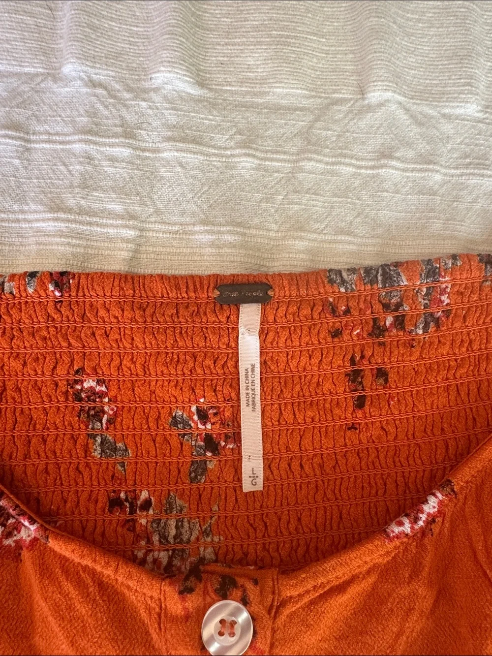 Free People Bright Orange Floral Button-Up Puff Sleeve Top